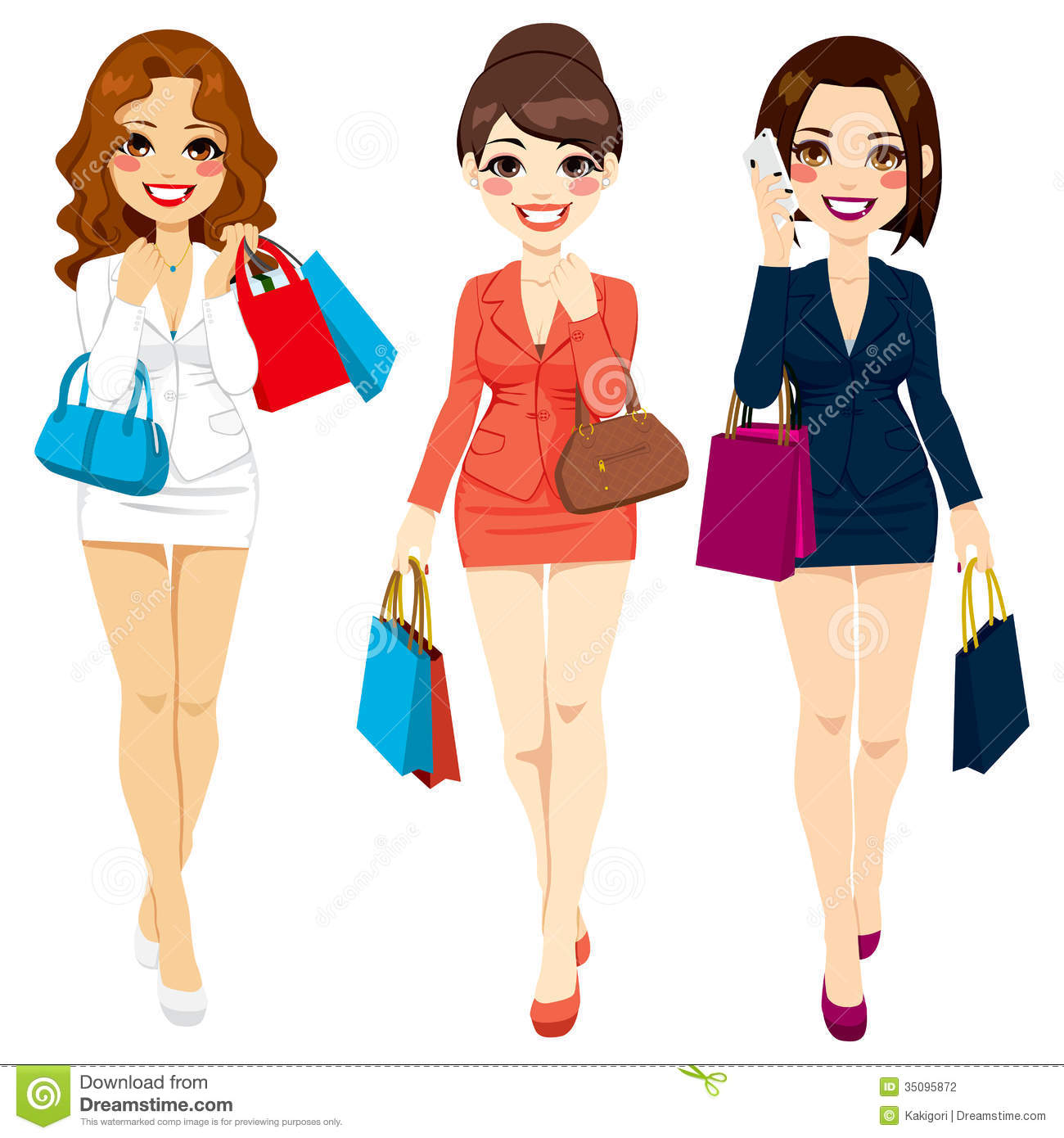 Three Beautiful Business Women In Suit Dresses Happy Walking Carrying