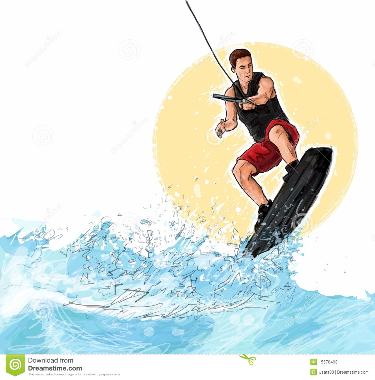 This Is A Hand Drawn Illustration Of An Athlete Wakeboarding  It
