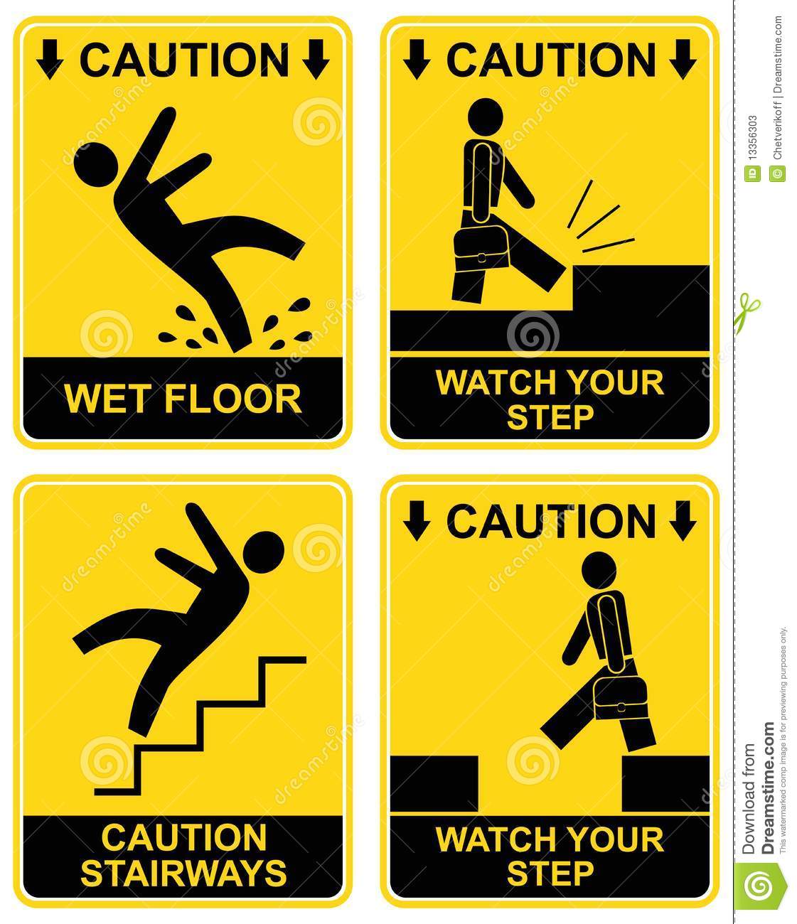 Wet Floor Stairways Watch Your Step   Set Of Caution Signs  Yellow