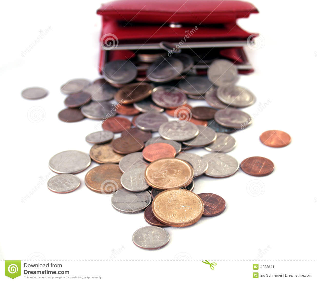 American Coins Pouring Out Of A Red Female Wallet Over A White    