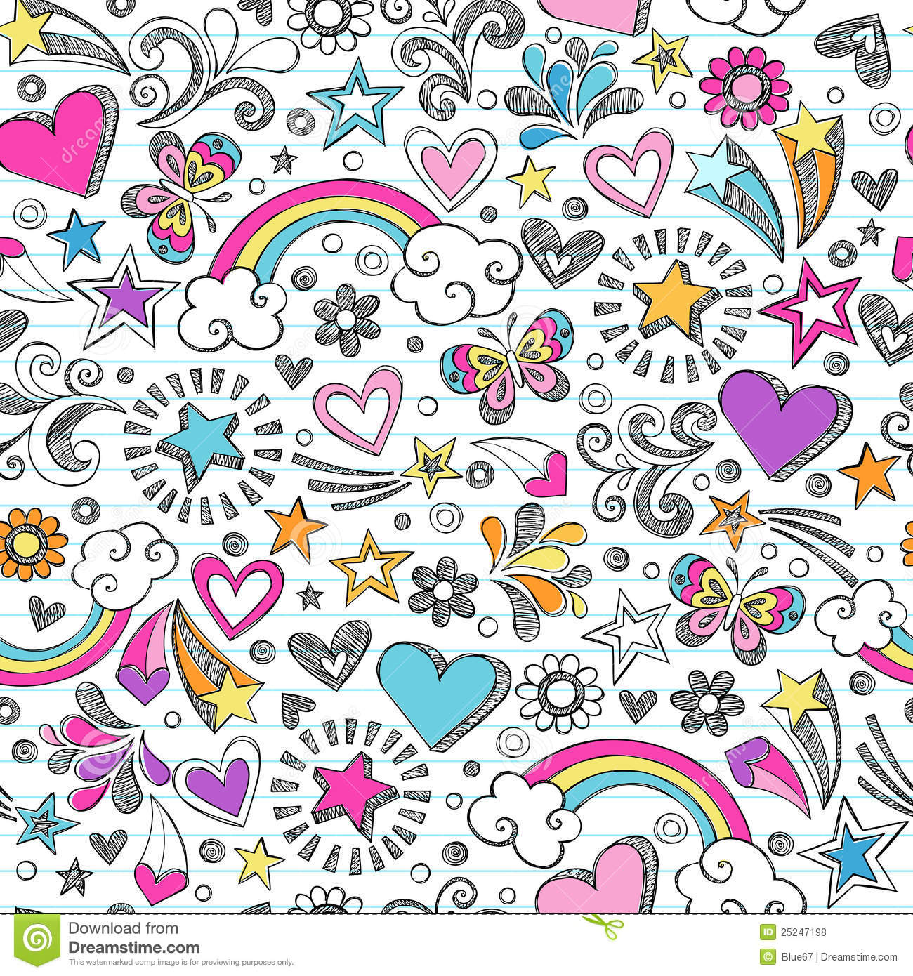 Sketchy School Doodles Heart And Stars Pattern Royalty Free Stock