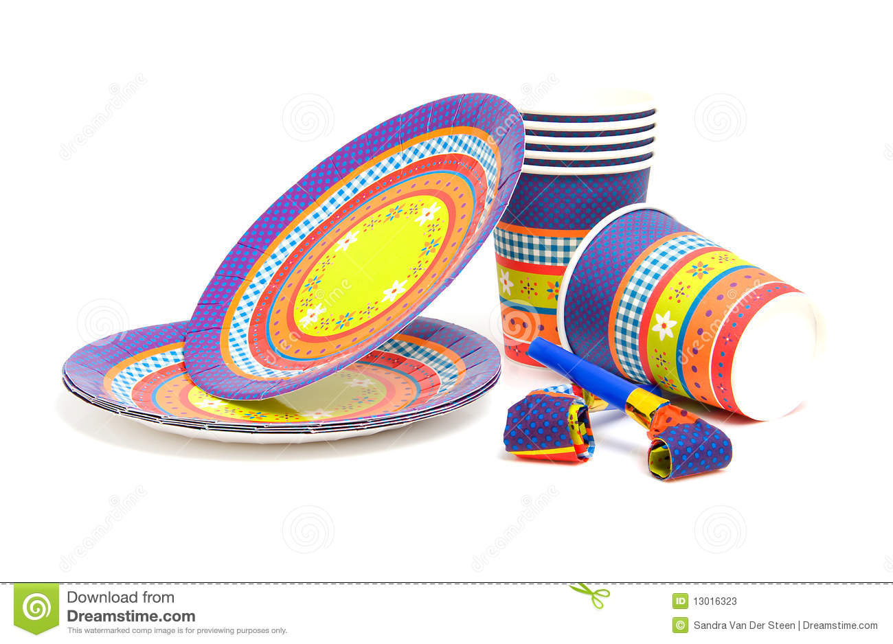 Stack Of Birthday Plates And Cups With Noisemakers Isolated On White    