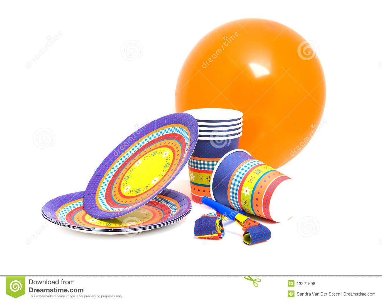 Stack Of Birthday Plates And Cups With Noisemakers Isolated On White