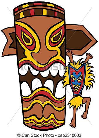 Witch Doctor Tiki Idol Cartoon Character And Totem Pole Isolated On