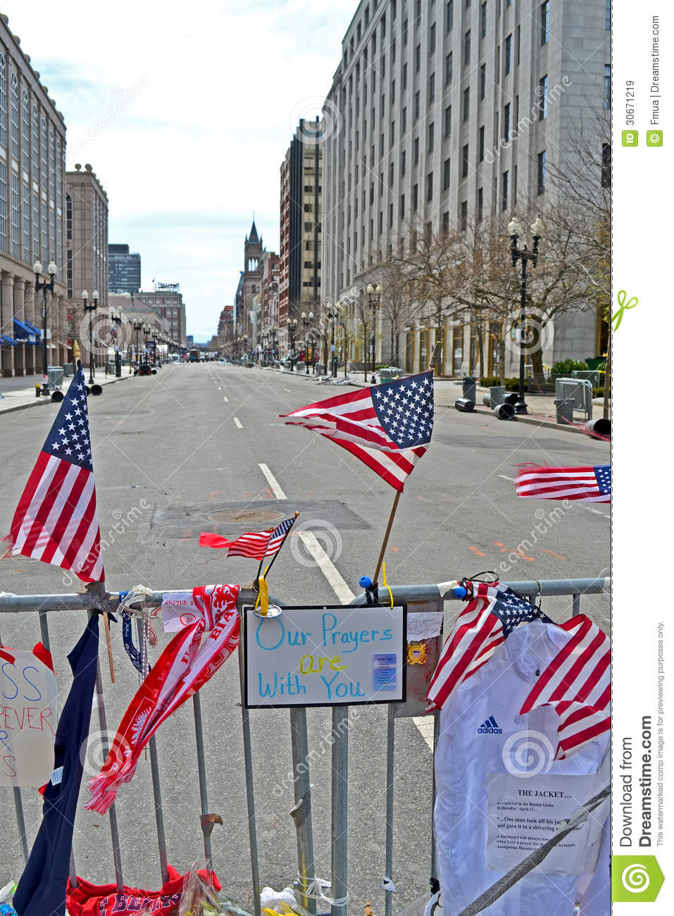     American Flags On Memorial Set Up On Boylston Street In Boston Usa