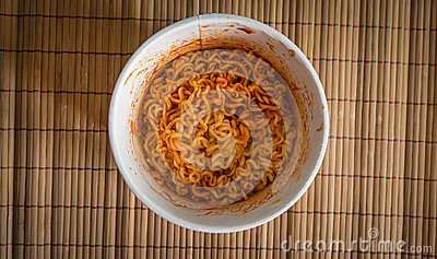Bowl Of Chinese Ramen Noodles With Tomato Ketchup  Top View 