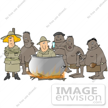Clip Art Graphic Of American Tourists Being Prepared By Cannibals