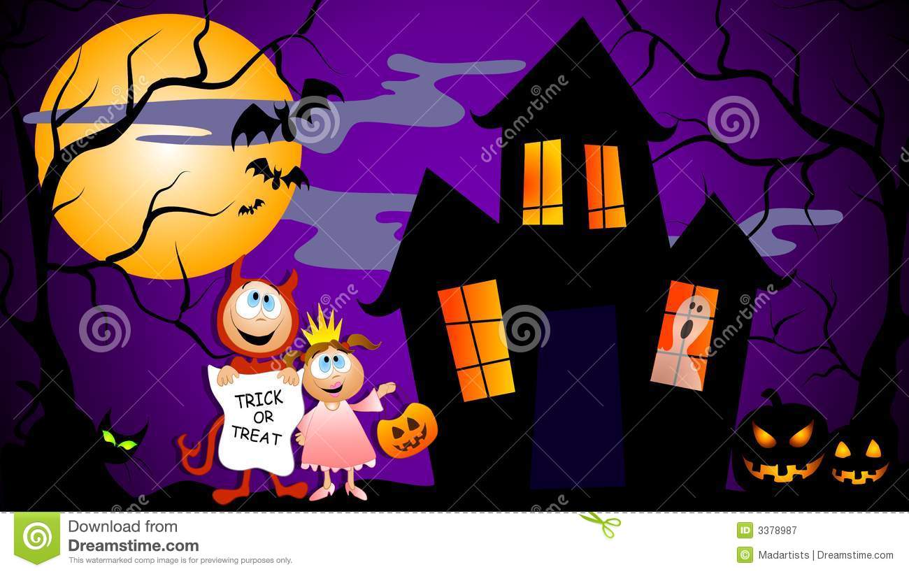 Clip Art Illustration Of A Complete Halloween Scene In Dark Purple