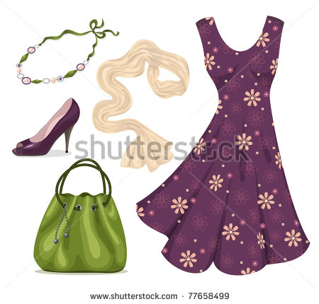 Dress Scarf Necklace Handbag And Shoes Isolated On White    Stock