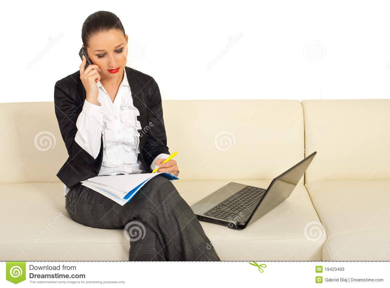 Executive Woman Speaking By Phone Mobile Taking Notes And Sitting On