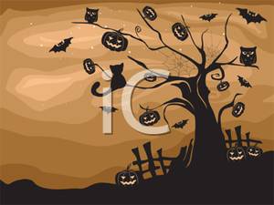 Halloween Scene With A Bare Tree Catsbats And Pumpkins   Royalty