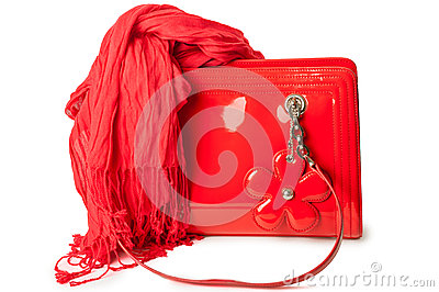 Red Patent Leather Bag And Bamboo Scarf Royalty Free Stock Photography