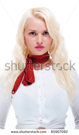 Young Blonde Female With Red Neck Scarf Isolated   Stock Photo