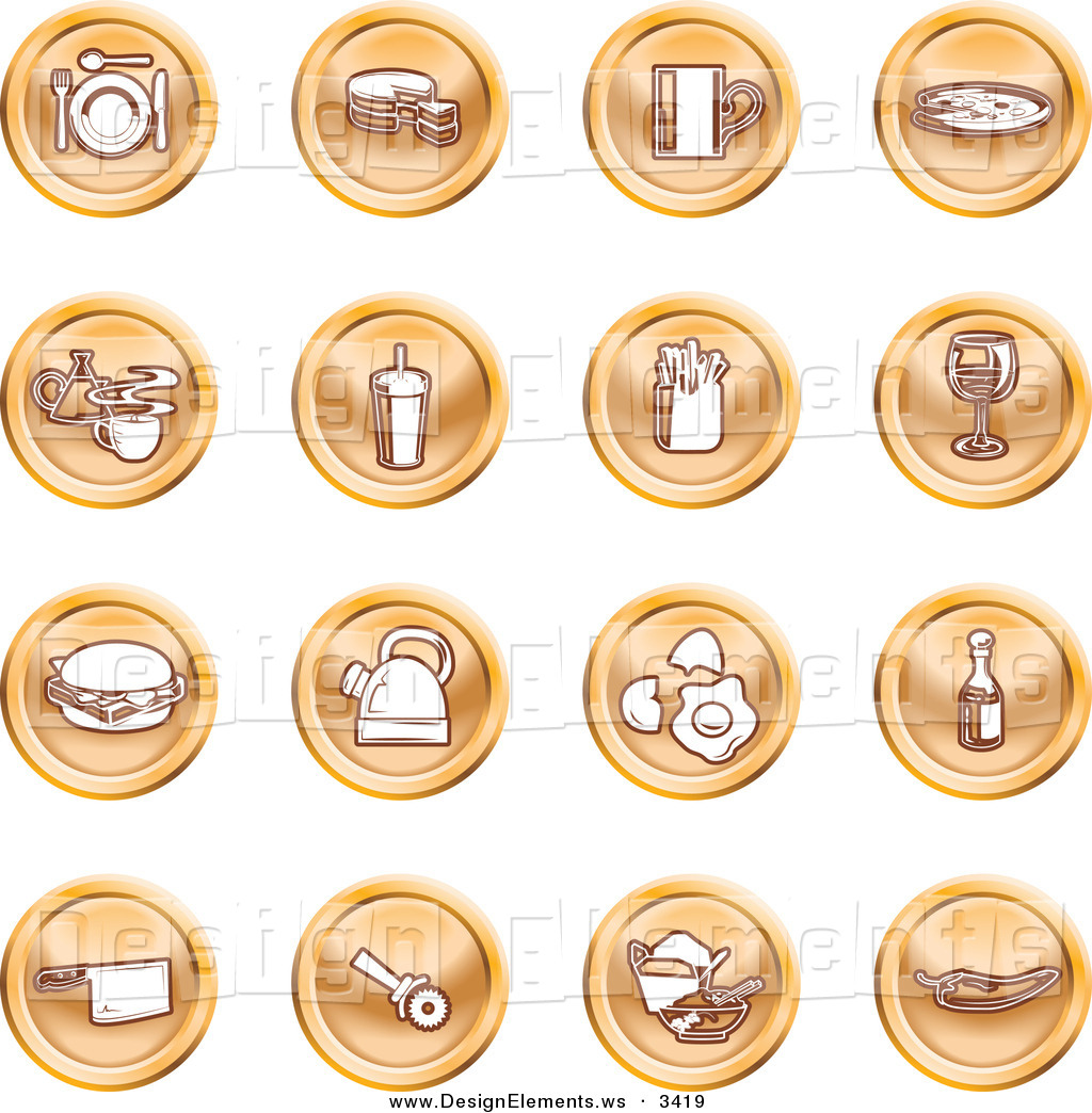 Design Element Clipart Of A Collection Of Sixteen Orange Icons Of Food    