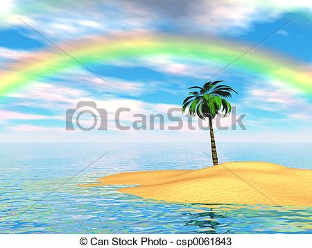 Paradise Island With Palm Tree And Rainbow Csp0061843   Search Clipart