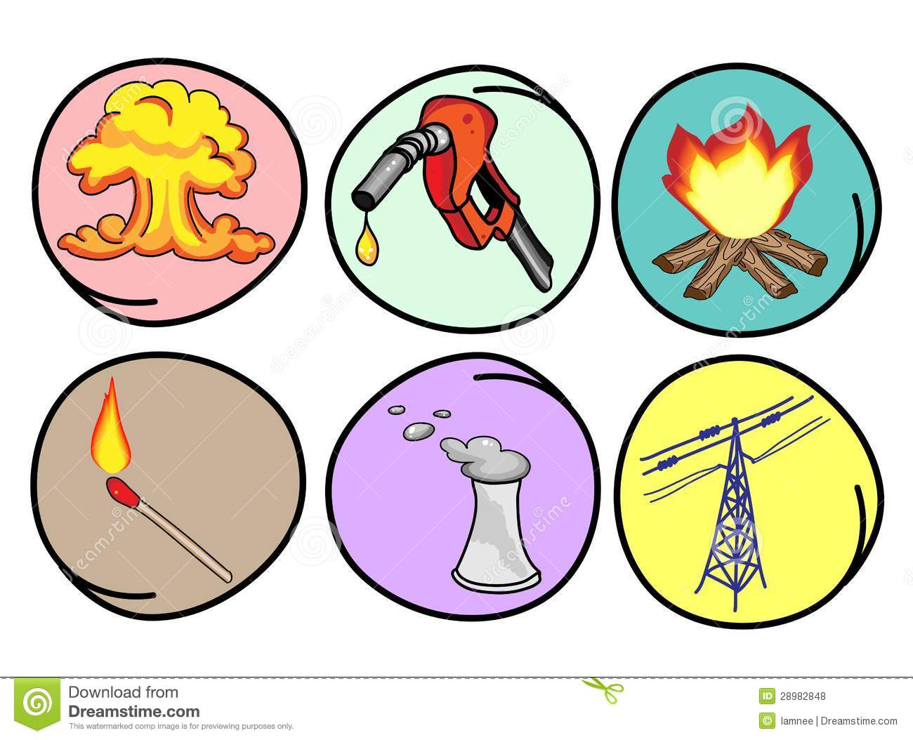 Six Forms Of Energy On Round Background Royalty Free Stock Photos    