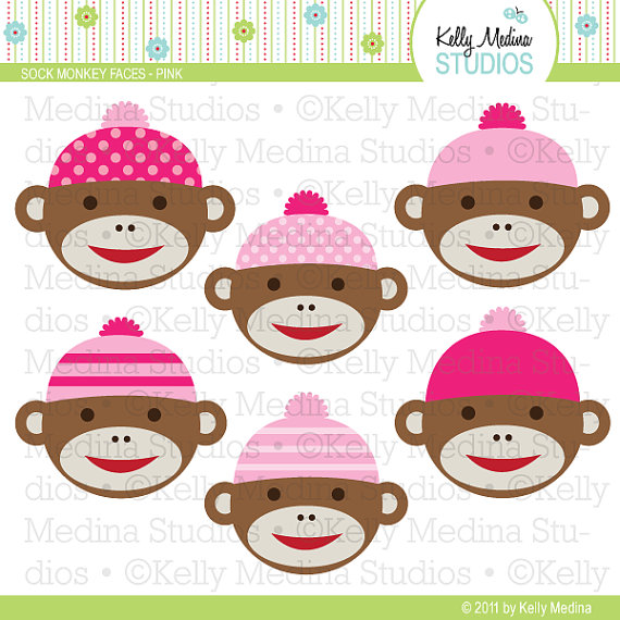Sock Monkey Faces   Pink   Clip Art Set   Digital Elements Commercial    