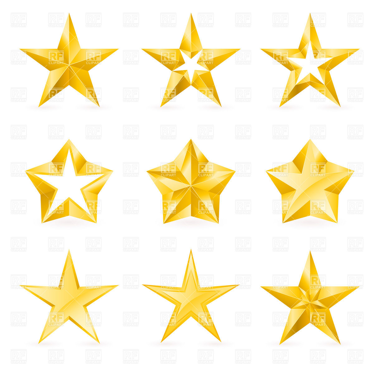 Stylish Five Point Golden Stars With Facets Design Elements