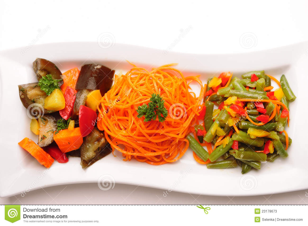 Different Vegetable Salads On A Rectangular Plate On White Background 
