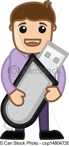 Drawing Art Of Young Man Holding A Storage Device And Internet Dongle    