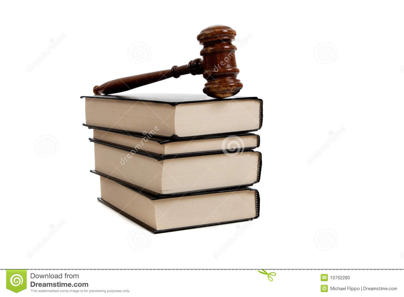 Stack Of Legal Books And A Wooden Gavel On A White Background 