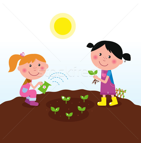 Stock Photo  Two Happy Kids Watering And Planting Plants In The Garden