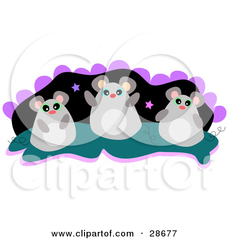 Three Happy Cute Mice On A Rug Over Black With Pink And Purple Stars