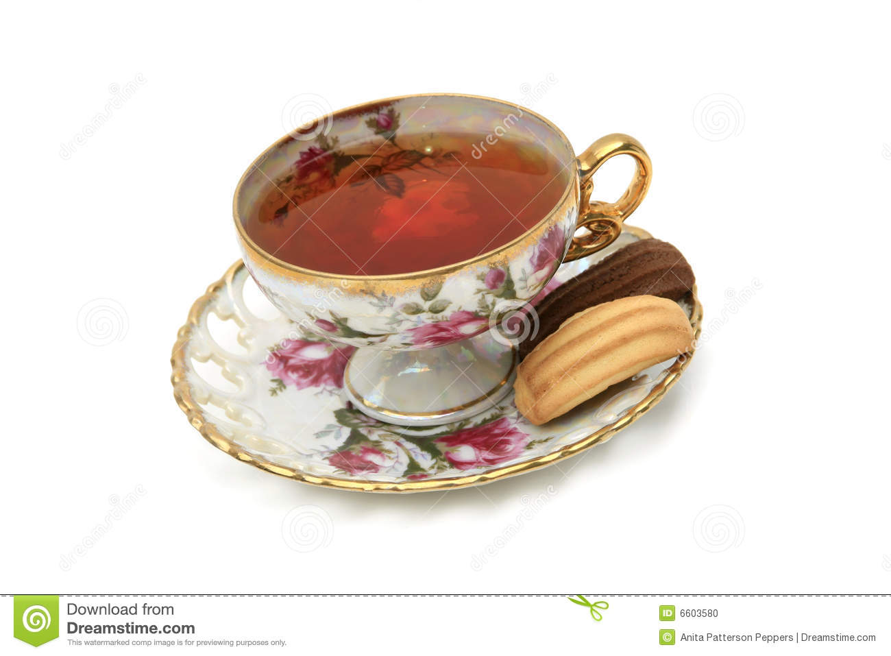 Antique China Tea Cup With Hot Tea And Cookies Isolated On White