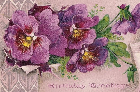 Antique Purple Pansies Postcard Birthday Greetings Card Dated 1914 Be    