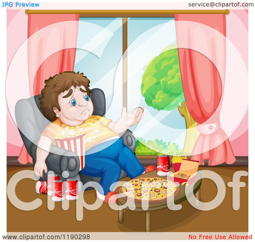 Fat Man Surrounded By Junk Food   Royalty Free Vector Clipart By