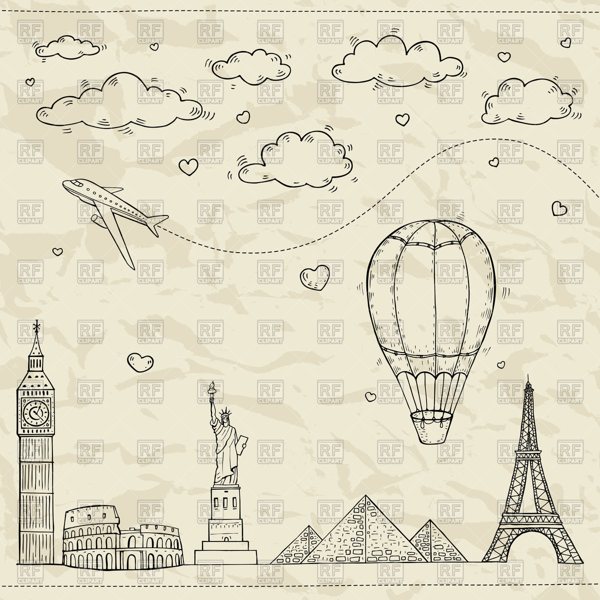 Airplane And Air Balloon Flying Over World Famous Sights   Travelling