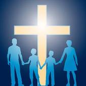 Christian Family Standing Before Luminous Cross   Clipart Graphic