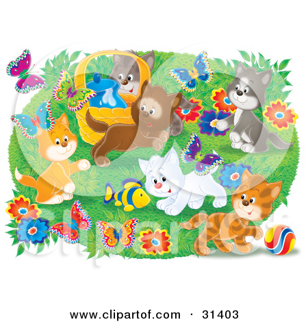 Clipart Illustration Of A Group Of Kittens Playing With A Toy Fish And