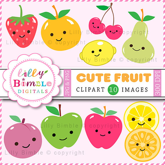 Cute Fruit Clipart Kawaii Apples Lemon Plum Strawberry Cherry    