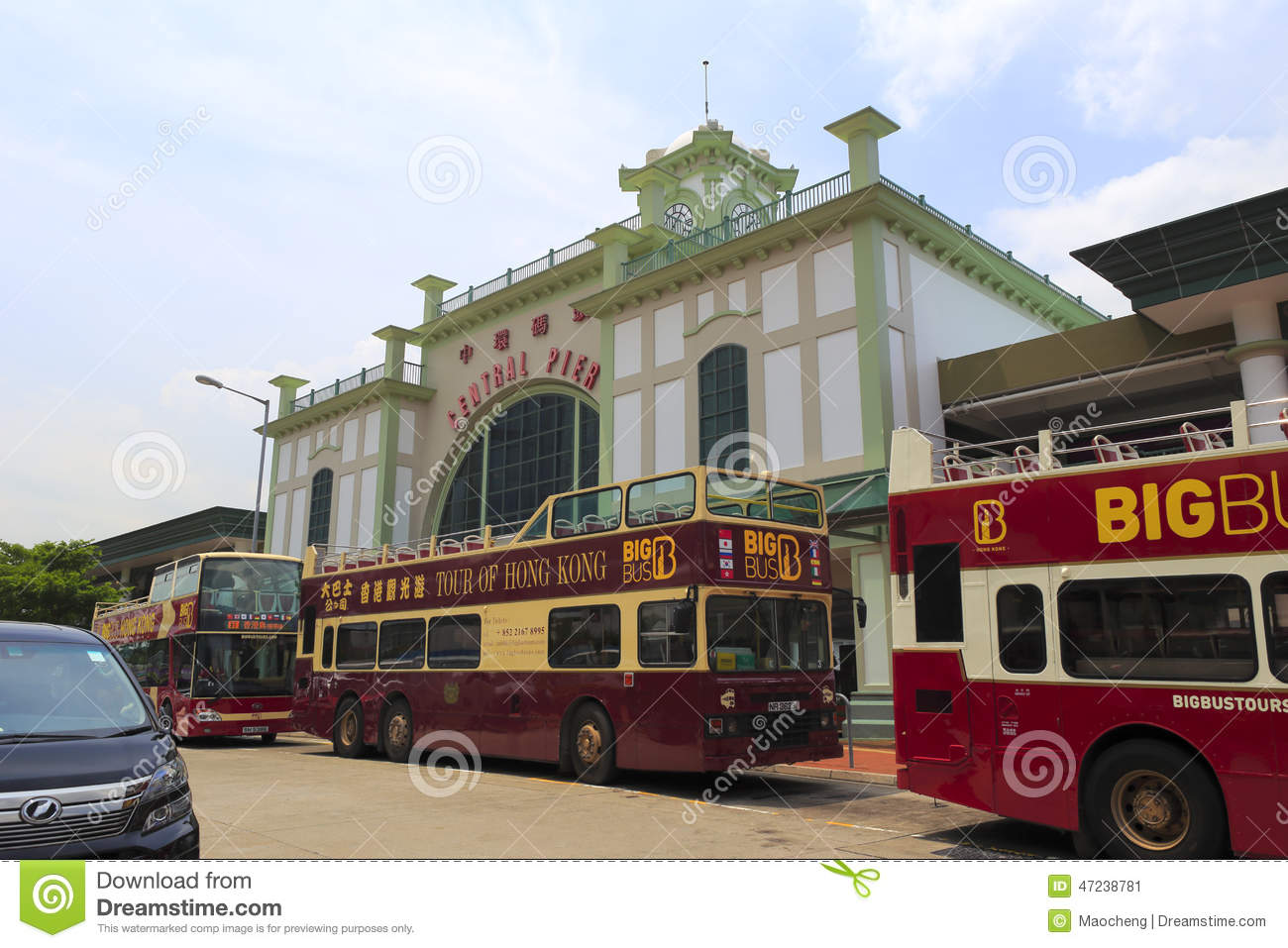 Double Decker Buses Out Of Island Ferry Terminal Of Hong Kong City