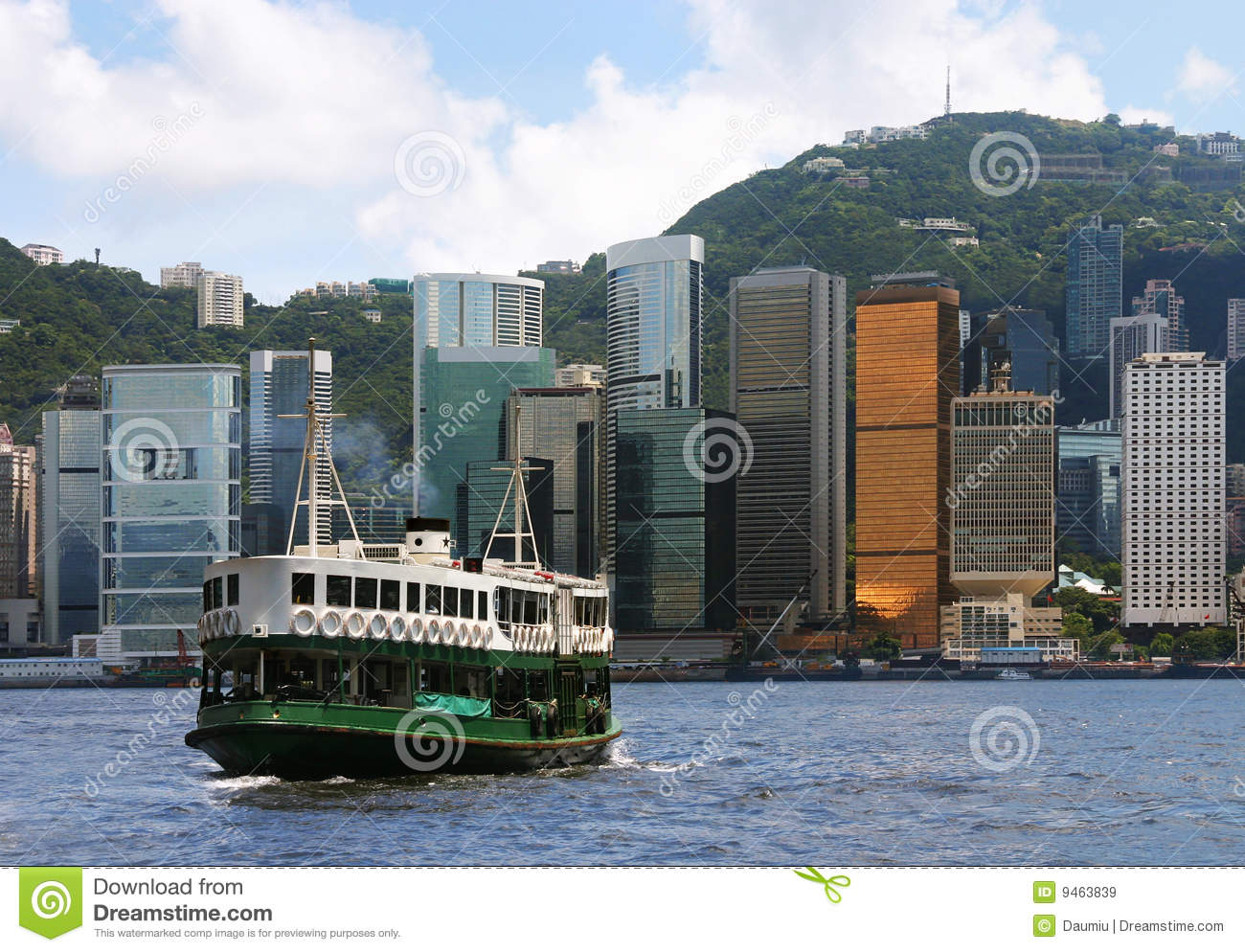 Ferry On The Hong Kong Victoria Harbour  Modern Buildings At The
