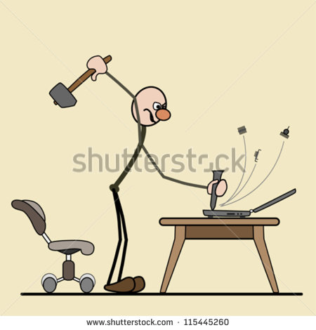 Man Standing  Tapping With A Hammer On The Computer  Parts Flying