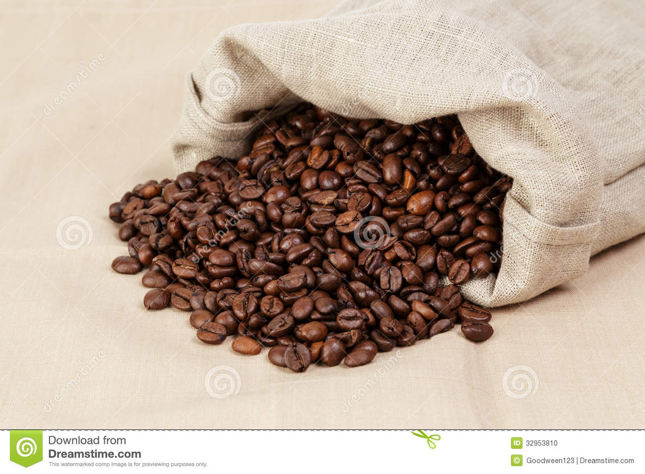 Roated Coffee Beans Spill Out Of The Bag Textile