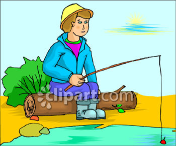 Boy Fishing While Sitting On A Log   Royalty Free Clipart Picture