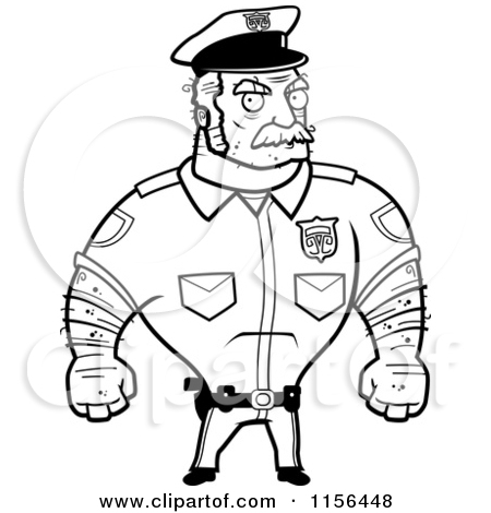 Cartoon Clipart Of A Black And White Strong And Tough Male Cop