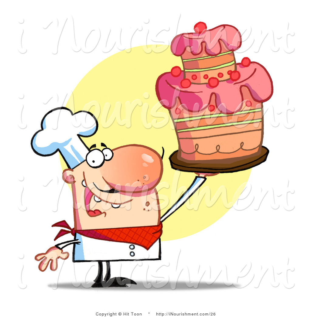 Clipart Of A Happy Pastry Chef Holding Up A Beautifully Decorated Cake