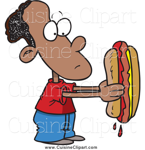 Cuisine Clipart Of A Cartoon Sad Black Boy Holding A Big Hot Dog By    