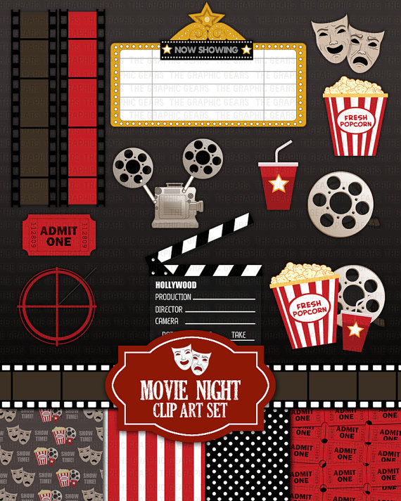 Movie Night Clip Art Set   Cinema Theatre Or Theater Clipart Scrapbook