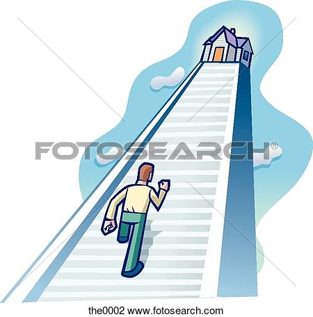 Clip Art   Man Walking Up A Long Flight Of Stairs To A House