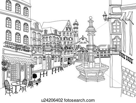 Clip Art Of Fountain In Town Square Sidewalk Cafe In Foreground