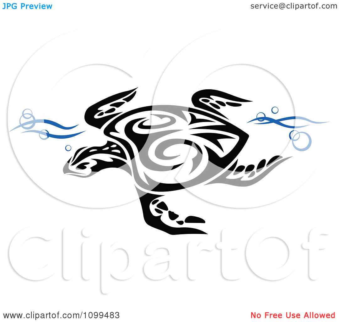 Clipart Black And White Swimming Tribal Sea Turtle With Blue Waves