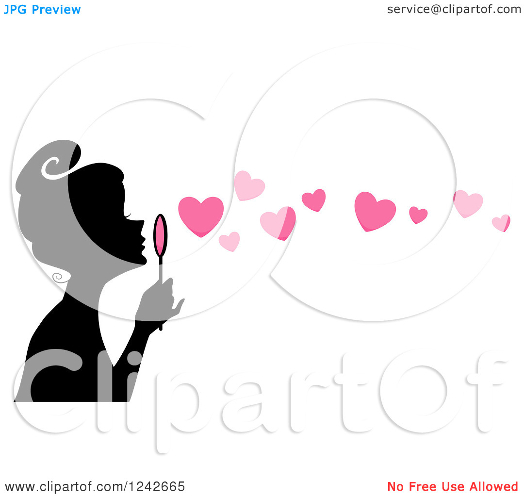 Clipart Of A Black Silhouetted Woman Blowing Pink Heart Bubbles    