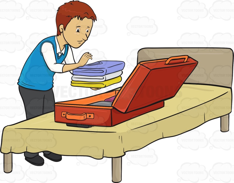 Packing Clothes Into A Suitcase Located On A Bed   Vector Graphics