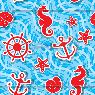 Seamless Nautical Pattern On Light Blue Background With Sea Horses    