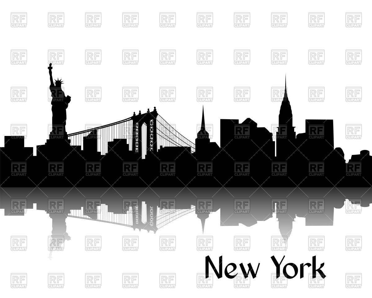 Silhouette Of Cityscape Of New York   Brooklyn Bridge Statue Of    
